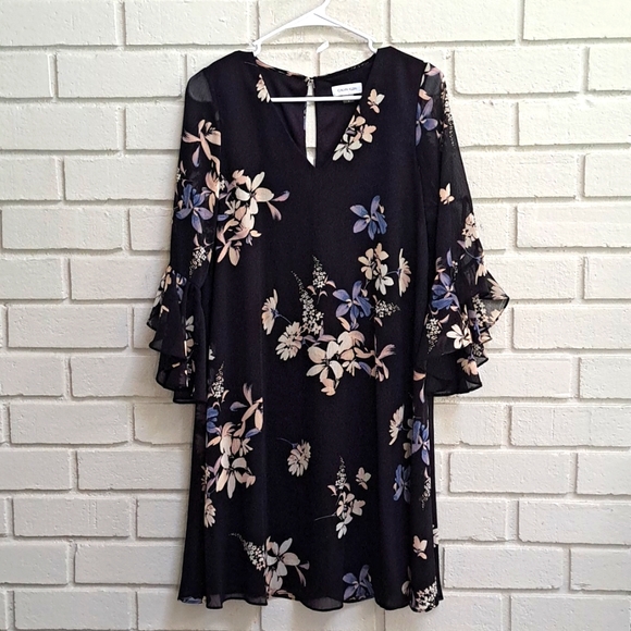 Calvin Klein Black Floral Boho Bell Sleeve Lined Dress. Size 8 NWOT - Picture 8 of 10